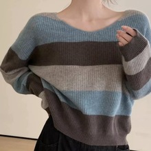 复古撞色条纹V领长袖针织衫女秋季新款宽松休闲百搭慵懒垂感上衣