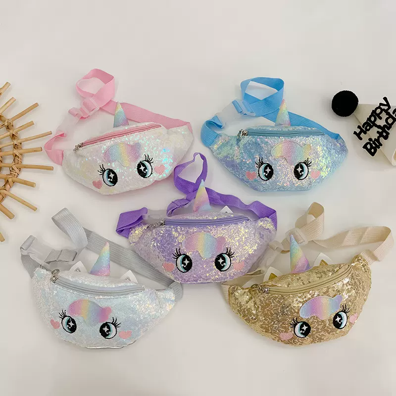 独角兽刺绣图案幻彩亮片可爱儿童包卡通时尚公主包腰包胸包斜肩包