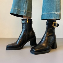 羊皮版~方头粗跟短靴女2025秋冬新款百搭瘦瘦靴子气质高跟马丁靴
