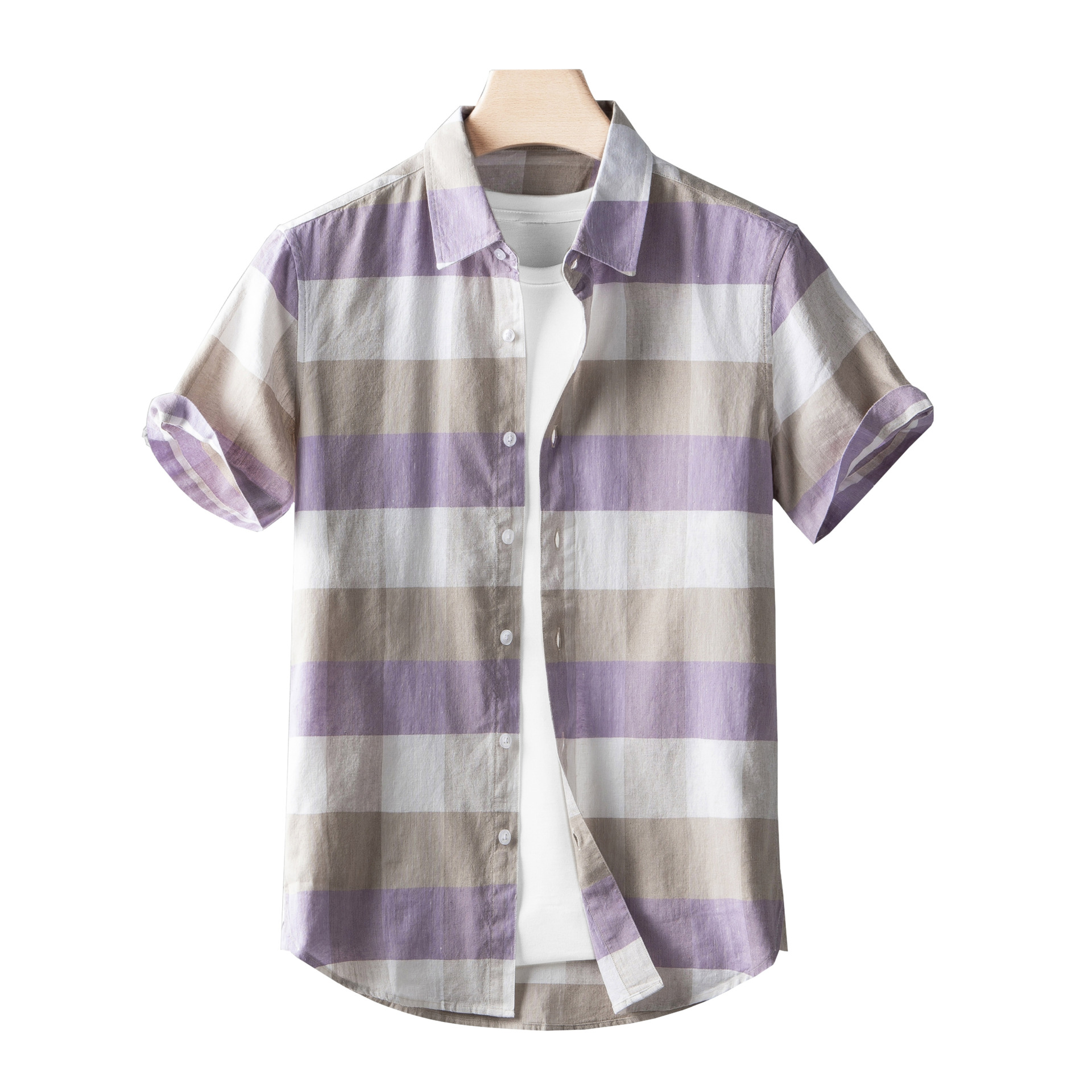 Camisa casual de lino juvenil Camisa de manga corta a cuadros a juego de color para hombre Camisa delgada a cuadros floral delgada de algodón y lino media manga verano