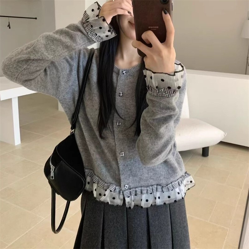 韩系甜美蕾丝拼色毛衣女针织衫开衫秋冬宽松慵懒风气质短款上衣女|undefined