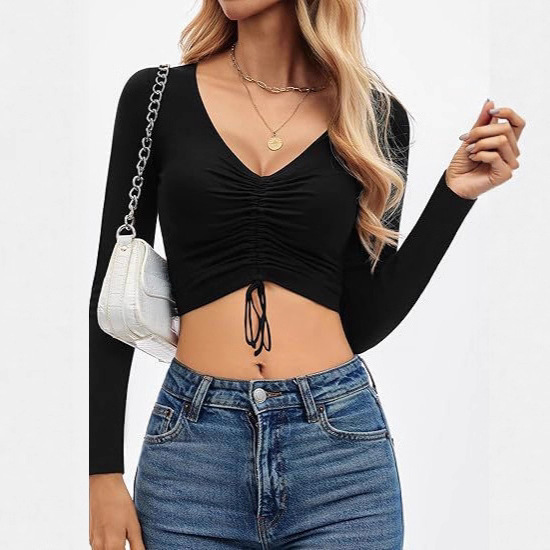 2025 Amazon Long-Sleeved Front Lace-Up Deep V Neck Crop Top with Adjustable Pleats, Fashionable and Sexy Cleavage T-Shirt