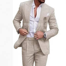 新款亚马逊速卖通外贸亚麻商务休闲西服男士套装新郎婚礼服晚宴会