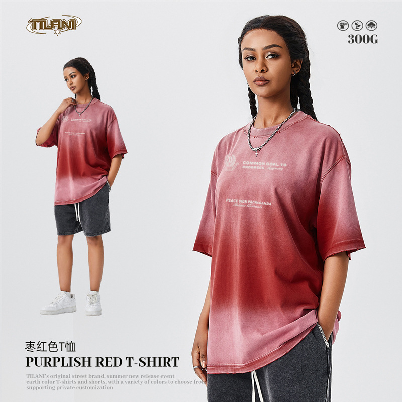 TILANI men's American street trend short-sleeved T-shirt oversize pure cotton loose top gradient wash versatile T-shirt