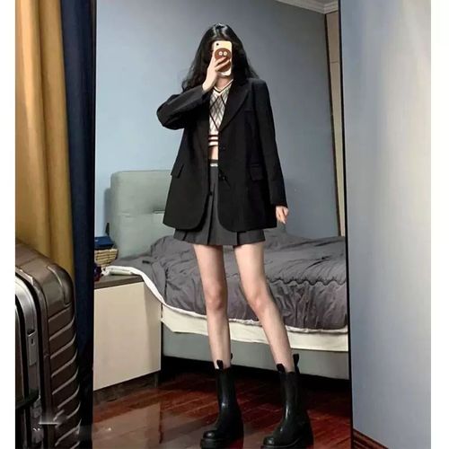 Chic casual black women's suit jacket, spring and autumn Korean version, regular shoulder suit, fashionable suit with shoulder pads