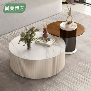 Modern Minimalist TV Cabinet Coffee Table Combination Light Luxury Cream Style Rock Board Coffee Table Table Size Round Steel Glass Side Table
