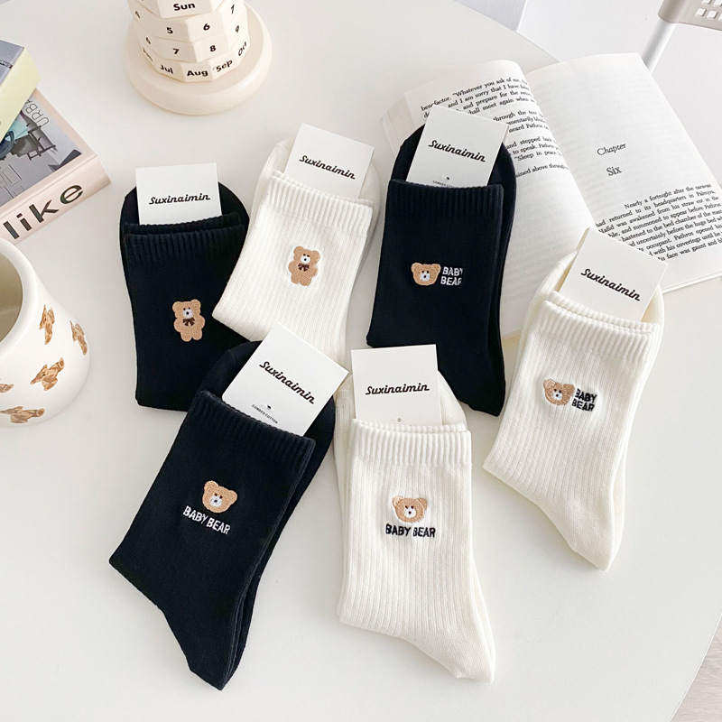 Spring and Summer Women's Socks Ins Trendy Letter Women's Bear Mid-size Socks Japanese Original Black and White Socks Cute Cartoon Cotton Socks