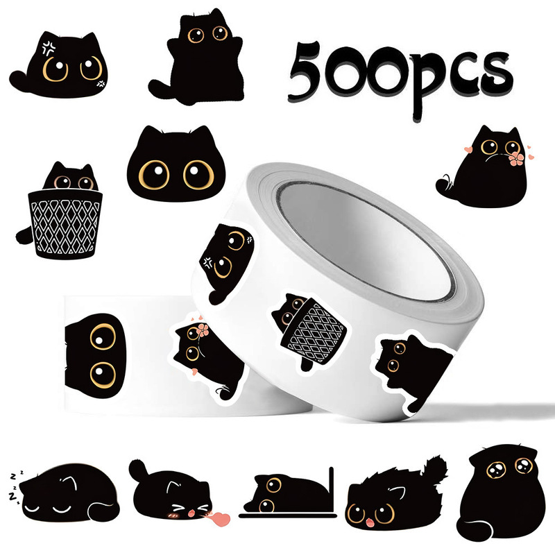 Cross-Border Little Black Cat Sticker Roll 500Diy Handbook Material Kidsren's Student Stationery Notebook Decorative Tape Wholesale