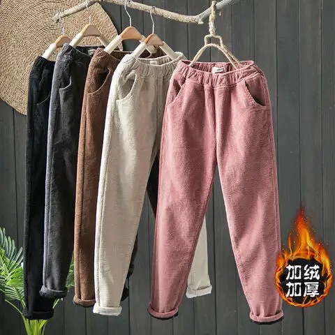 Corduroy Pants for Women, Autumn and Winter New Style, Loose Plus Size, Fleece-Lined, Thickened, Carrot-Shaped, Student Corduroy Casual Harem Long Pants