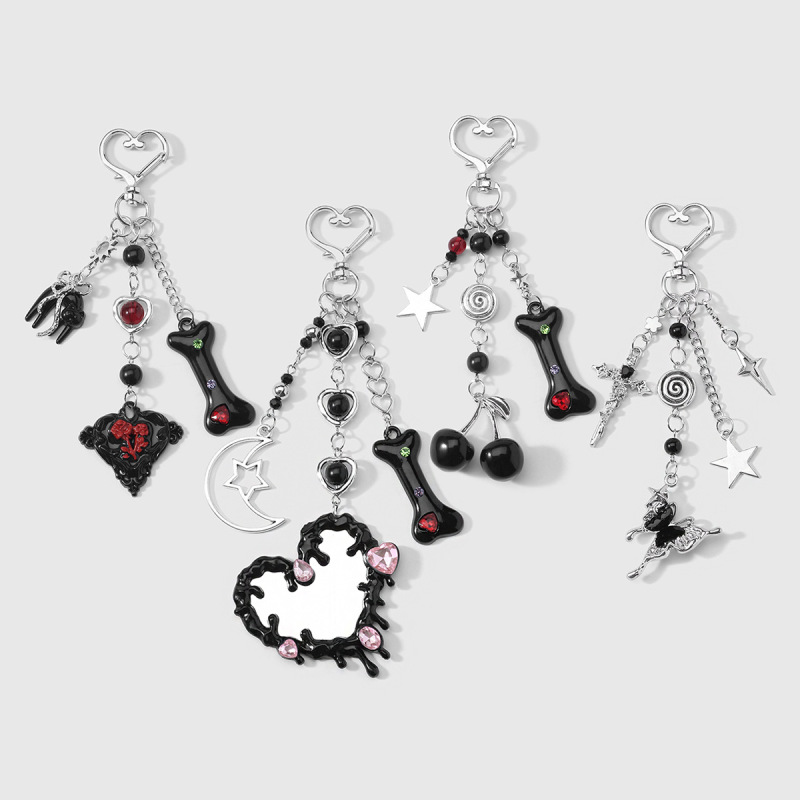 Sweet and Cool Personality Dark Style Black Rhinestone Bone Cherry Rose Liquid Heart Mirror Keychain Bag Pendant Sweet and Cool Personality Dark Style Black Rhinestone Bone Cherry Rose Liquid Heart Mirror Keychain Bag Pendant