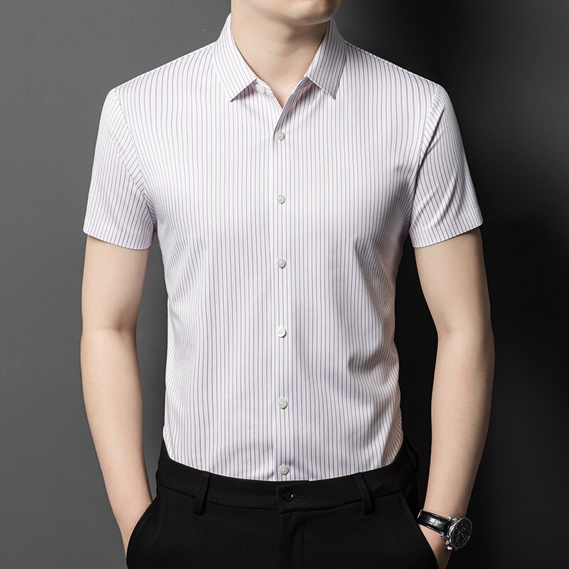 High-End Men's Mulberry Silk Shirt 2026 Summer Fashion Striped Turn-Down Collar Shirt for Young and Middle-Aged Men, Non-Iron Shirt
