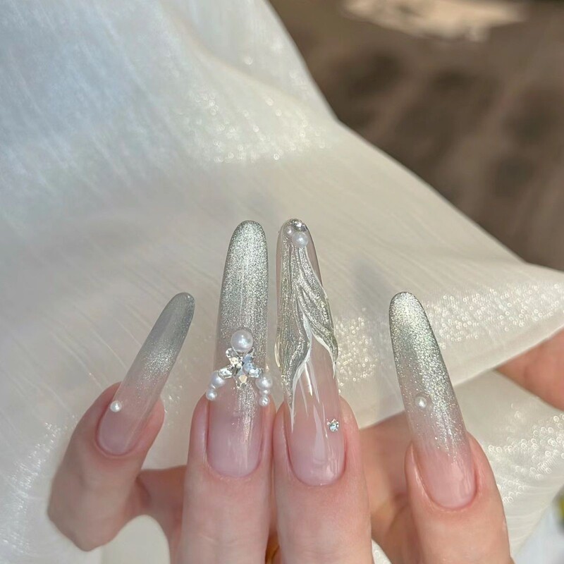 Purely Handmade Nail Art, Sparkling Hand-Painted Mermaid Nails, Wearable Nails, Gradient Long Nail Pieces, Creative and Complexion-Enhancing