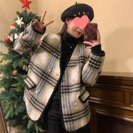 大码小香风粗花呢格子外套女装春秋新款胖mm宽松夹棉加厚毛呢大衣