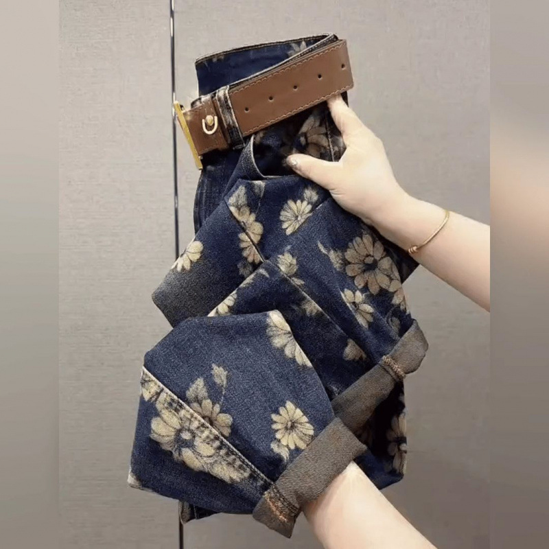 牛仔裤女2025年春季新款大花印染复古风时尚哈伦裤高腰显瘦长裤子