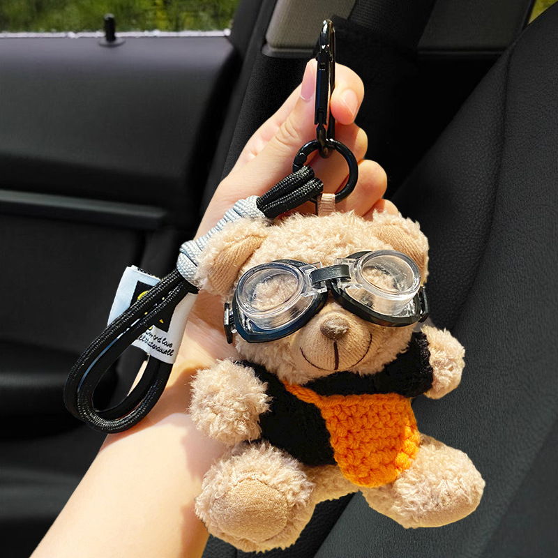 Lindo oso llavero de coche muñeca de felpa de mujer colgante de coche llavero hebilla de llave colgante de bolsa anti-pérdida