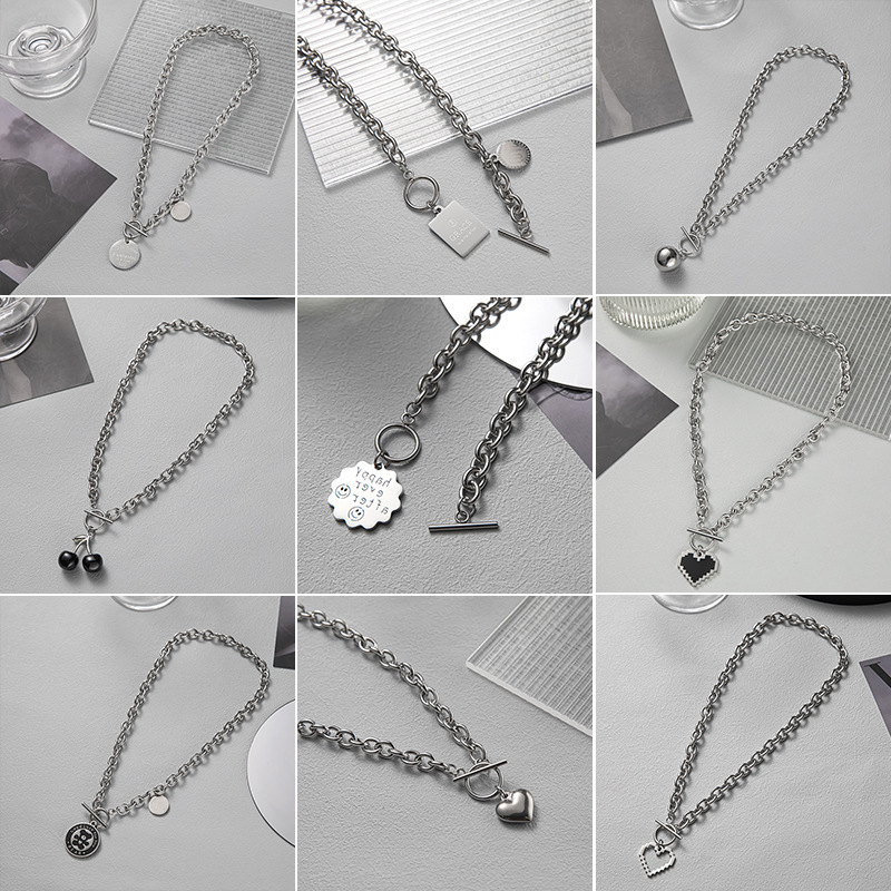 Harajuku Dark Style hiphop Round Square Brand Combination Letter Stainless Steel Short Necklace Titanium Steel Men's and Women's Clavicle Chain OT Chain Harajuku Dark Style hiphop Round Square Brand Combination Letter Stainless Steel Short Necklace Titanium Steel Men's and Women's Clavicle Chain OT Chain