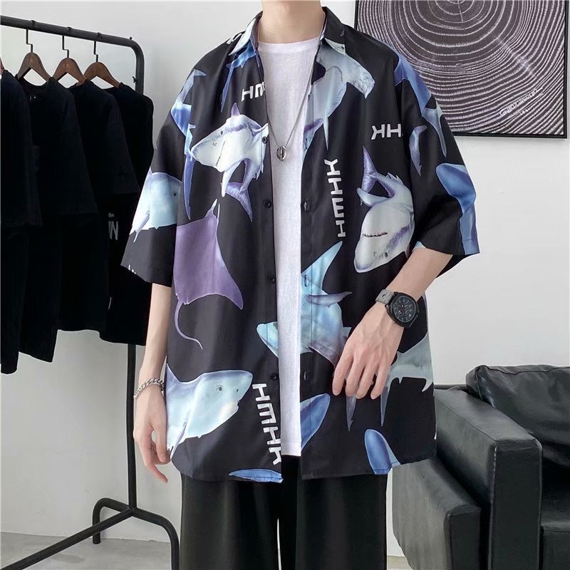 Camisa de manga corta de verano de los hombres perezoso estilo ruffle guapo ins estilo de Hong Kong marca de moda delgada capa media manga camisa 1239