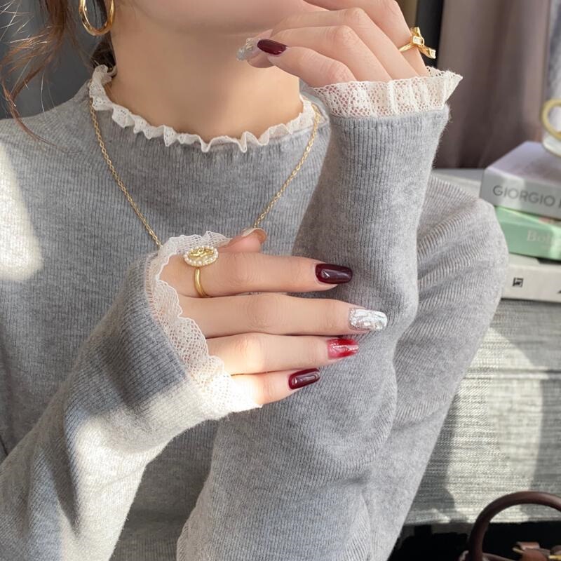 Gray Lace Bottoming Shirt for Women in Early Autum with 2025 New High-Bottom Black Top Half Turtleneck Sweater