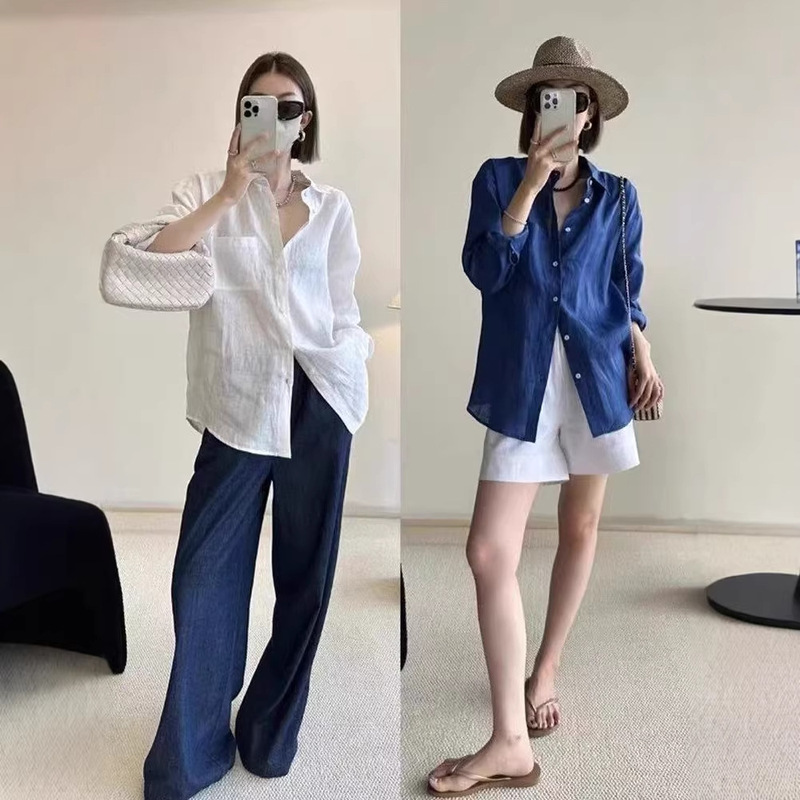 8230 French-Style White Long-Sleeved Shirt for Women, Summer Thin Loose-Fitting Old Money Style Cotton and Linen Shirt, Worn over a Sun Protection Top 8230 French-Style White Long-Sleeved Shirt for Women, Summer Thin Loose-Fitting Old Money Style Cotton and Linen Shirt, Worn over a Sun Protection Top