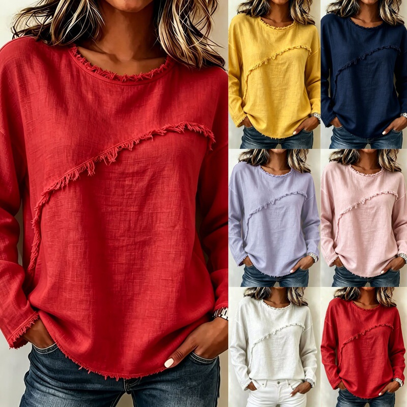2026 European and American Women's Fashion Amazon Independent Site Autumn and Winter New Round Neck Spliced Lace Long-Sleeved T-Shirt Casual Top