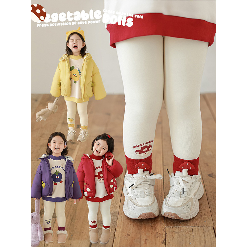 Wulibu Girls' Fleece-Lined Thick Cartoon Print Slim-Fit Leggings 2026 Winter Children's Warm Casual Pants