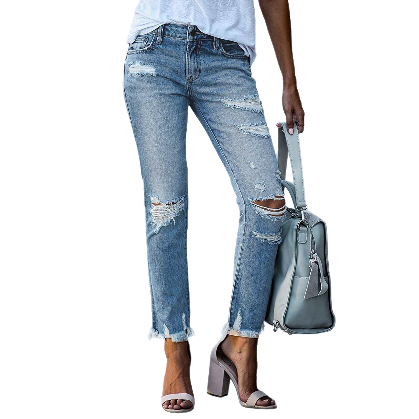 Jeans Ajustados Rotos para Mujer de Algodón y Poliéster, Cintura Alta, Ligeramente Elásticos