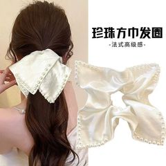 女性用フレンチエレガントパールスクエアスカーフヘアバンド、高級ヘアアクセサリー、気質サテンヘッドバンド、ヘアゴムバンド