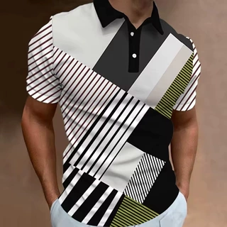 2025男士 Polo 衫3d渐变线短袖 休闲日常翻领上衣时尚条纹 男装