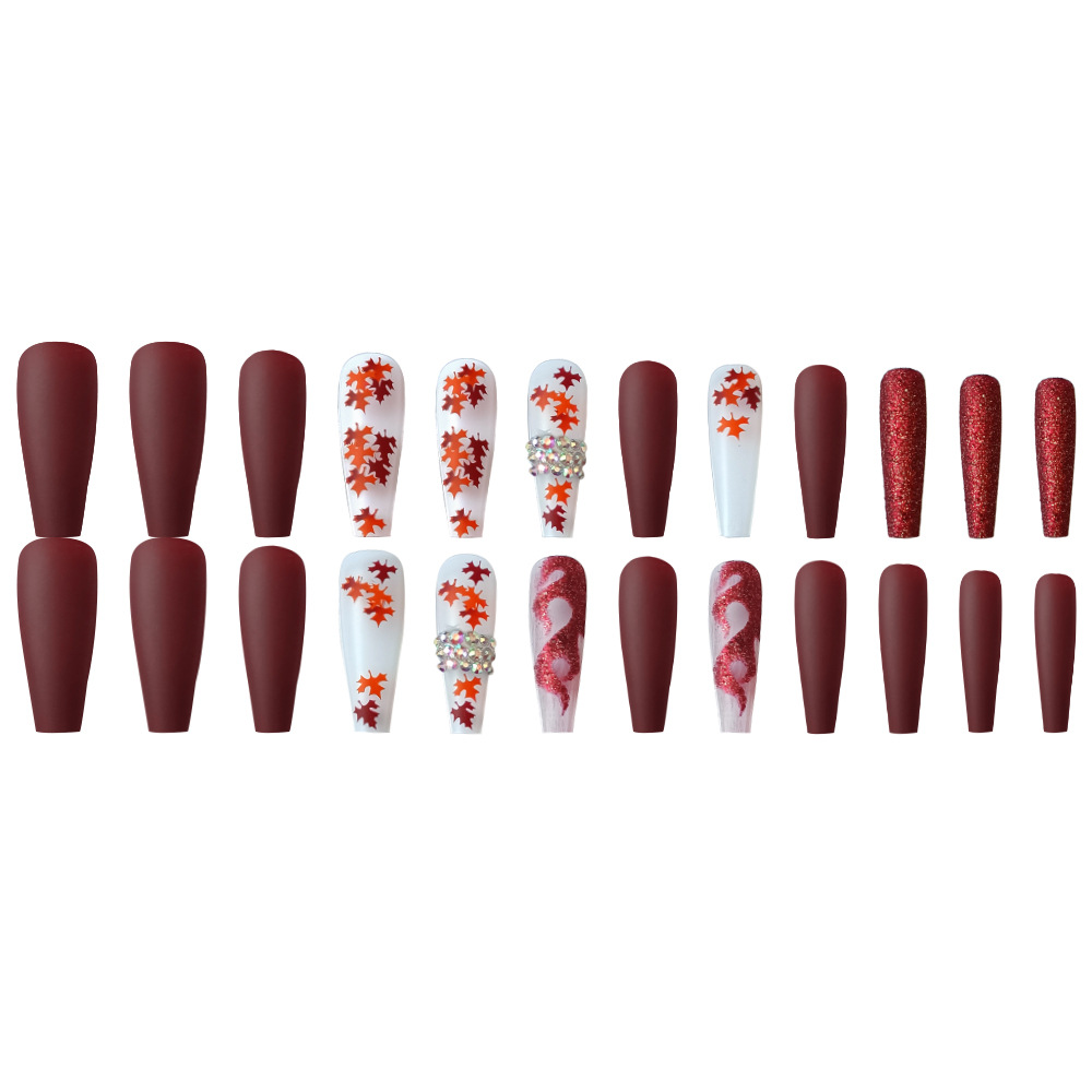 Ventas transfronterizas de vinos rojos de hoja de arce manicure parches de uñas de decoración de llamas de diamante caliente personalidad cool usa uñas