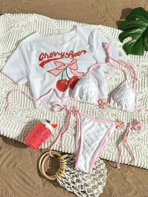 Women's Patterned Three Piece Bikini Set With Tie Up Swimsuit_voghion.com
