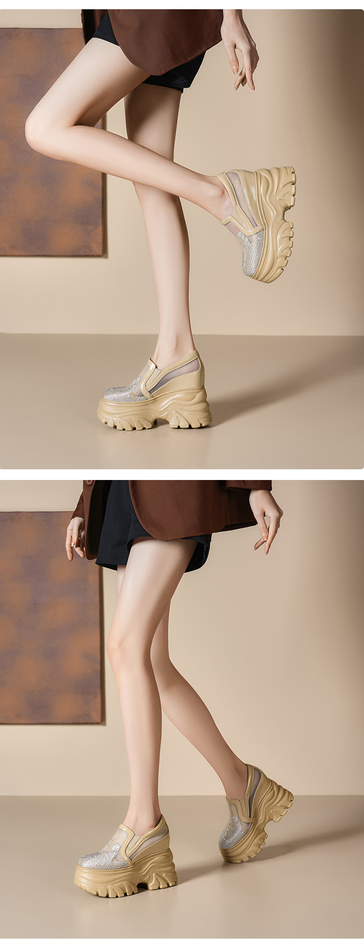 Giày sneaker platform nữ đế dày 12cm, lưới thoáng khí, phong cách loafer lỗ xỏ — Màu đen chi tiết 5