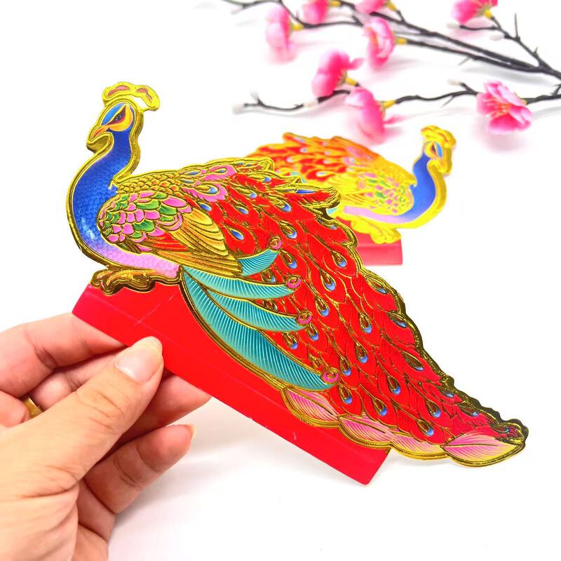 新款七彩对称孔雀红色羽毛装饰折纸中秋折塔装饰材料|undefined