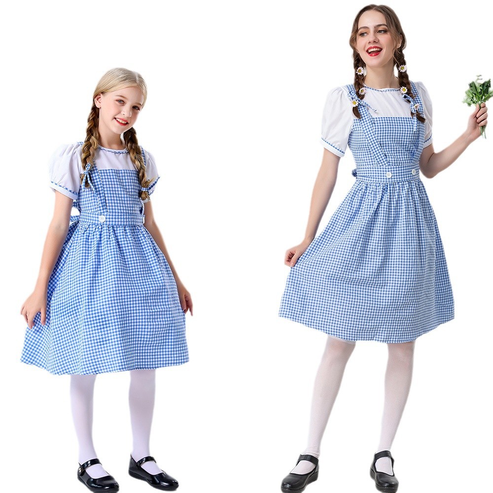 Cross Border The Wizard of Oz Dorothy Cosplay Halloween Stage Costume Farm Girl Blue Checked Costume