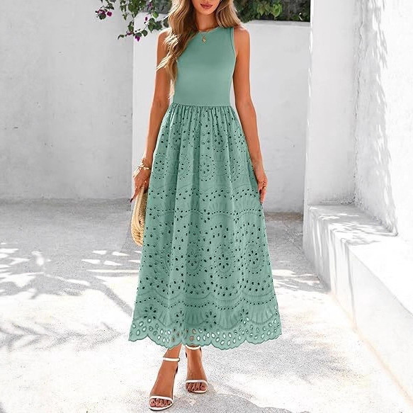 Short-Sleeved Spring 2025 New Style Hollow Lace Mesh Suspender Sleeveless Dress Amazon Resort Style Dress