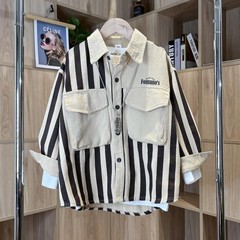 男童工裝風襯衫外套兒童春秋條紋大口袋休閒韓版長袖秋季外穿內搭