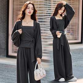韩系早秋穿搭一整套套装女2025春季新款减龄格纹吊带阔腿裤三件套