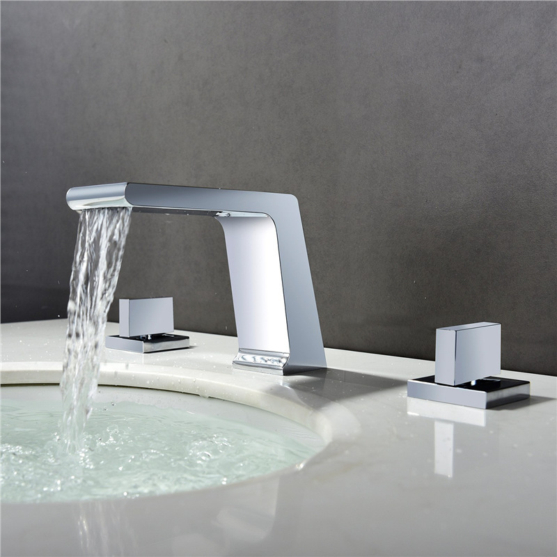Factory Sell Copper Waterfall Separates Basin Faucet 8inch Pairs Handle Hot and Cold Water Luxury Bathroom Three-piece Set
