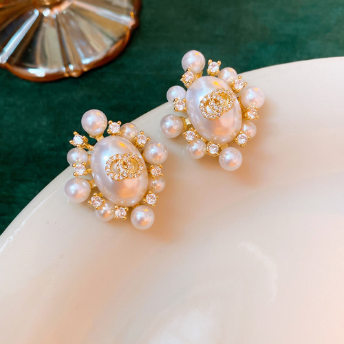 Real gold electroplated silver needle zircon double circle pearl oval earrings fashion retro light luxury temperament earrings new earrings