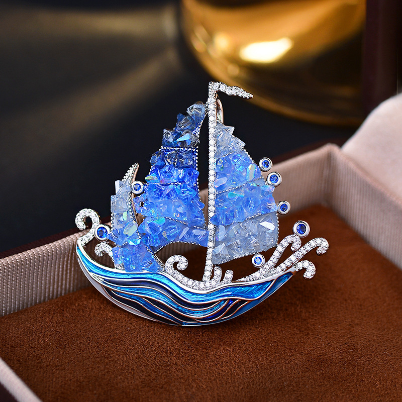High-End Luxury Crystal Brooch, Smooth Sailing Sailboat Brooch, Enamel Clothing Accessories Wholesale