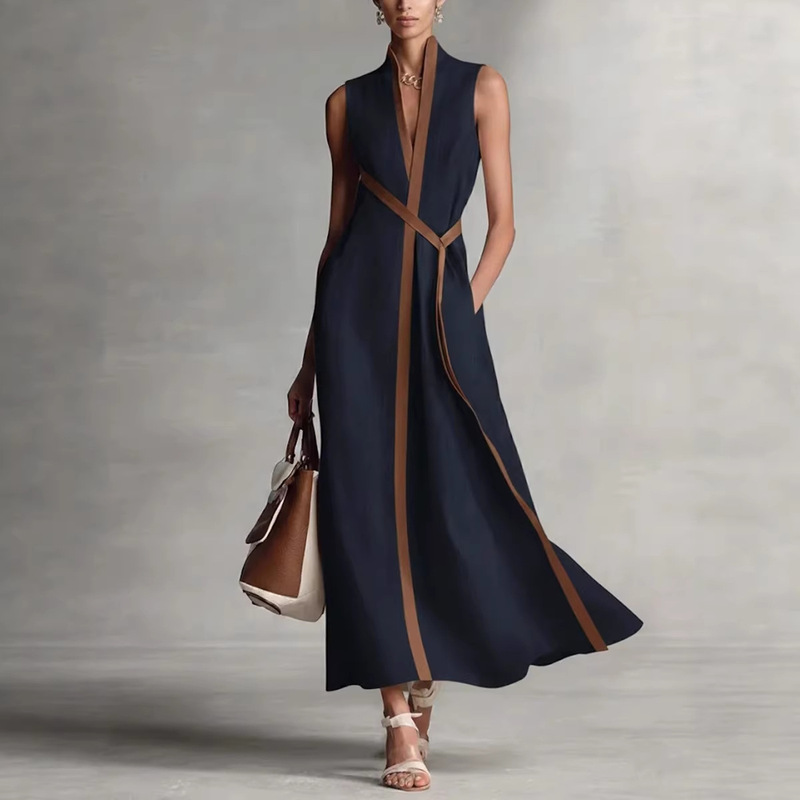 5 Colors in Stock, New European and American Style Women's Clothing for Export, Independent Site Amazon, Color-Blocking Sleeveless Stand-Collar Cotton-Linen Dress