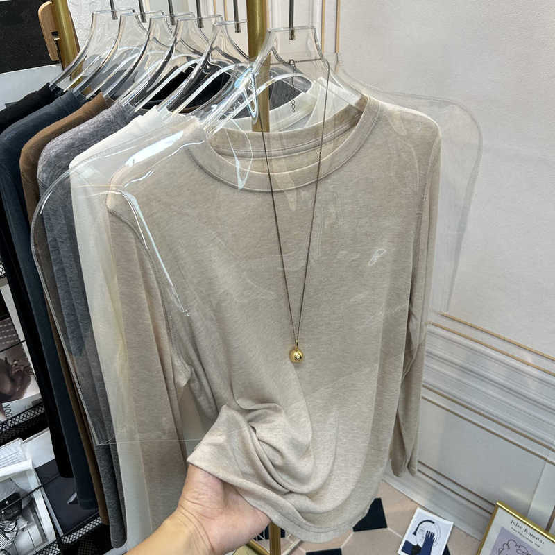 Outlets ~ Soft Waxy Crewneck Wool Tencel Mask Long Sleeve T-shirt Women's 2025 Spring and Autumn New Slim Fit Base Shirt