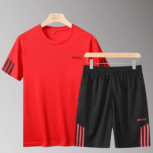 运动套装男士夏季休闲两件套健身服晨跑跑步速干衣t恤短袖印logo
