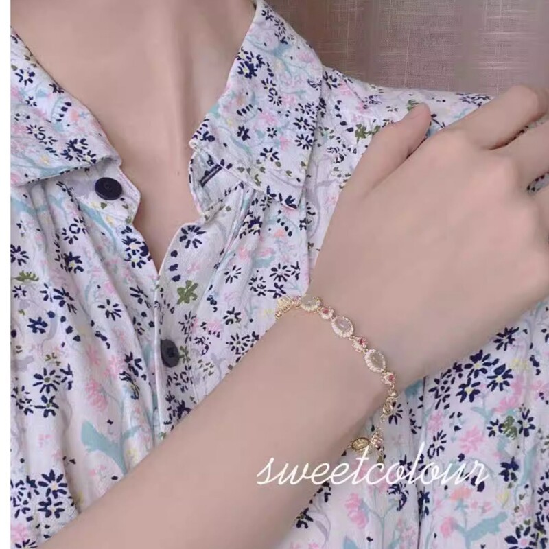 小众复古天然粉碧玺白玉髓好运手链手环铜镀金 少女款礼物送女孩|undefined