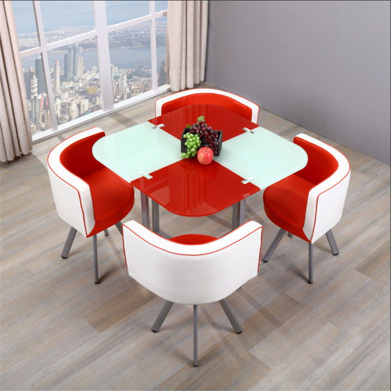 Mesa y sillas de comedor modernas, mesa redonda pequeña de vidrio templado, mesa y sillas para recepción y negociación, una mesa y cuatro sillas, cocina de inducción.