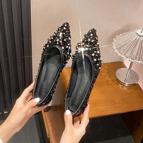 Sharp-tipped water drill temperament French flat anti-slip women's 2025 new early spring late evening shoes plus-size single shoes