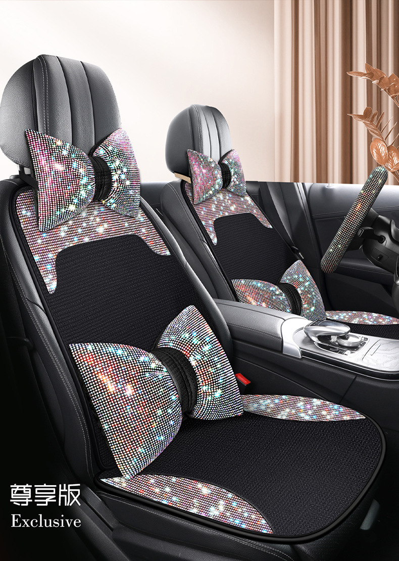 Women's Car Cushion Summer Cool Cushion High-end Atmospheric Full Diamond Car Seat Cushion Pink Four Seasons Universal Three-piece Set