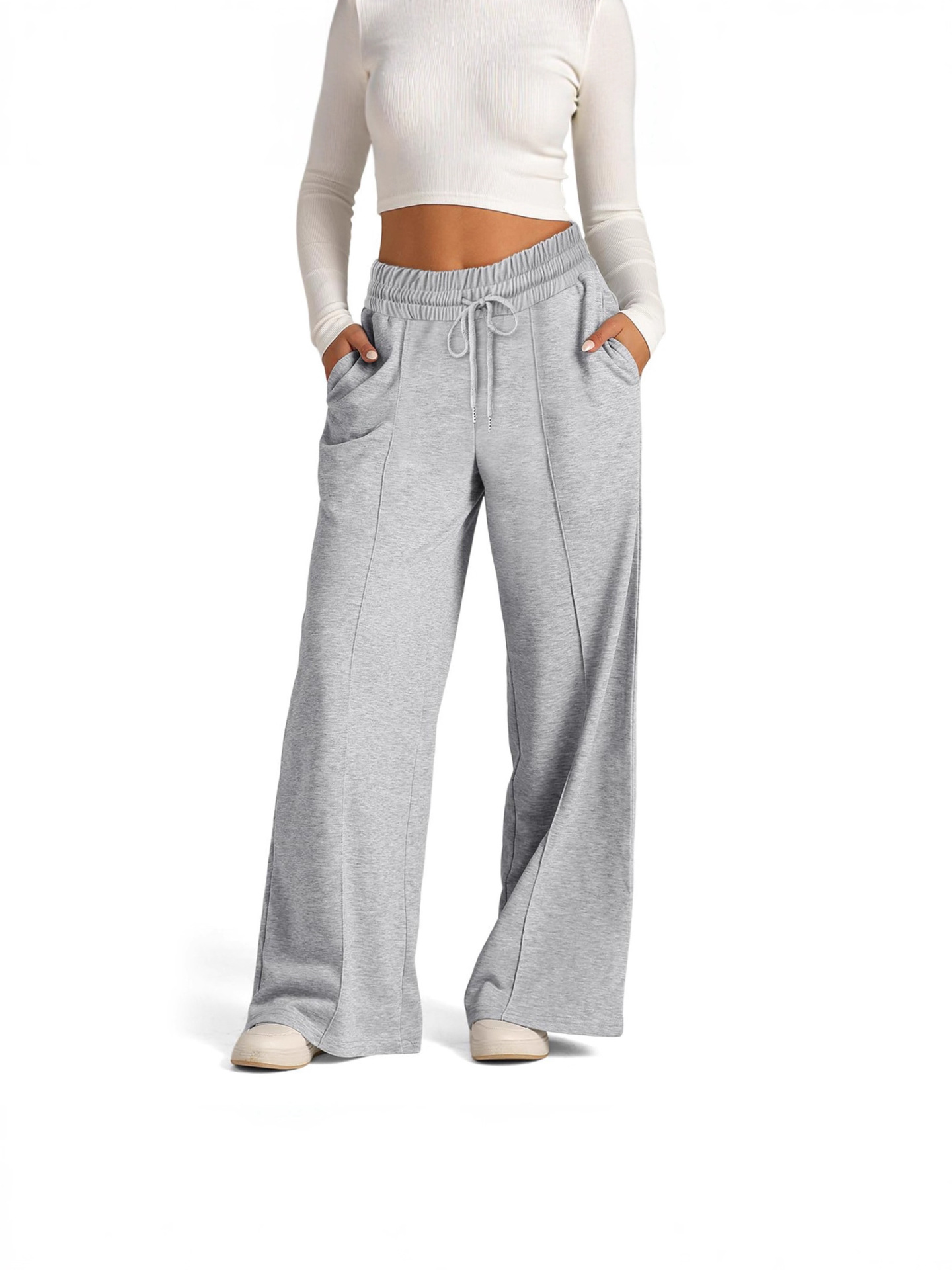 Pantalón Casual Ancho con Cordón de Poliéster Color Sólido para Uso Diario image 1