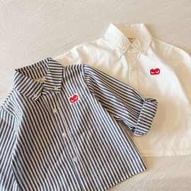 儿童春秋新款洋气条纹衬衫韩国男童女童小标刺绣开衫长袖衬衣外套