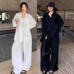 棉麻松弛感防晒衣休闲套装女夏季Polo领衬衫高腰垂感阔腿裤两件套