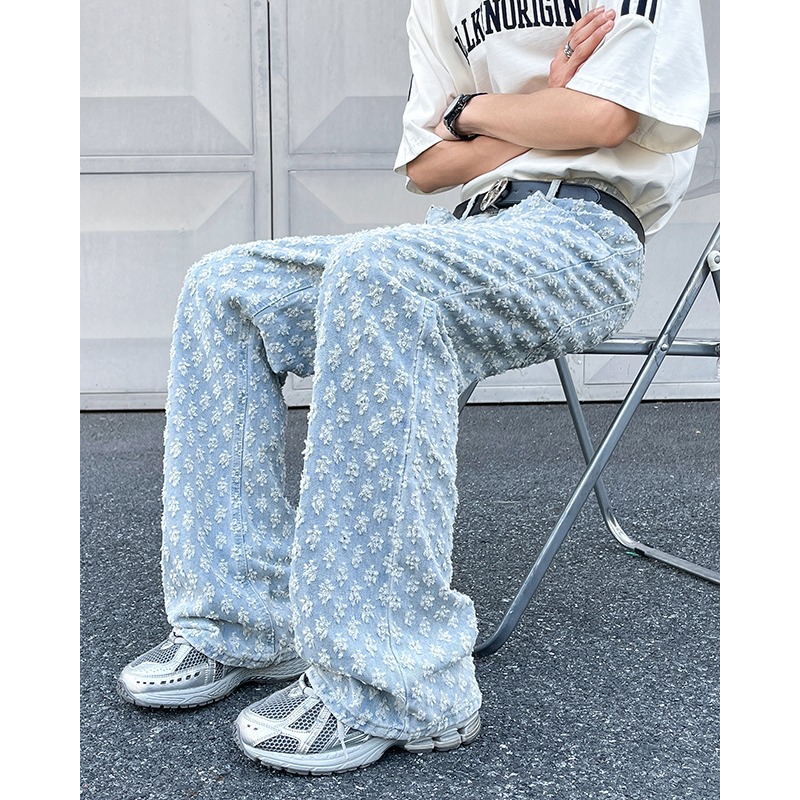Men's Summer Jacquard All over Print plus Size Tall Extra Long Flared Pants mid Waist Straight Blue Jeans High Street Style_voghion.com